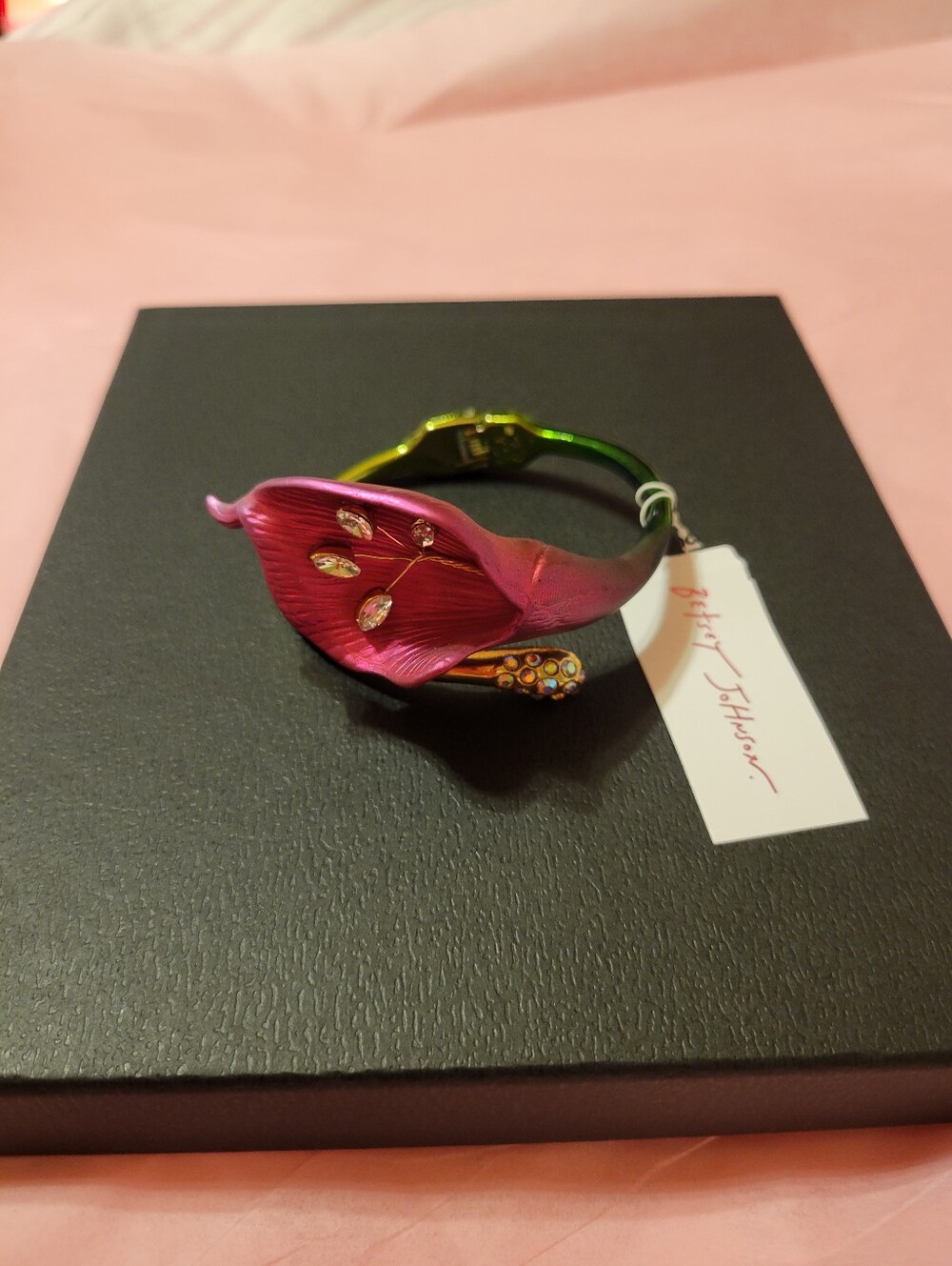 Betsey Johnson Magenta Floral Calla Lily Bracelet with Green Band